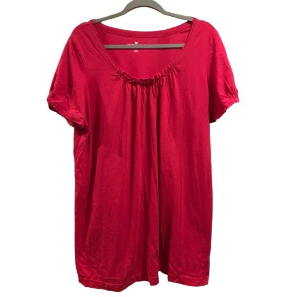 Woman Within Plus Sized Large T-Shirt Tunic Pink cinched Neck Short Sleeve